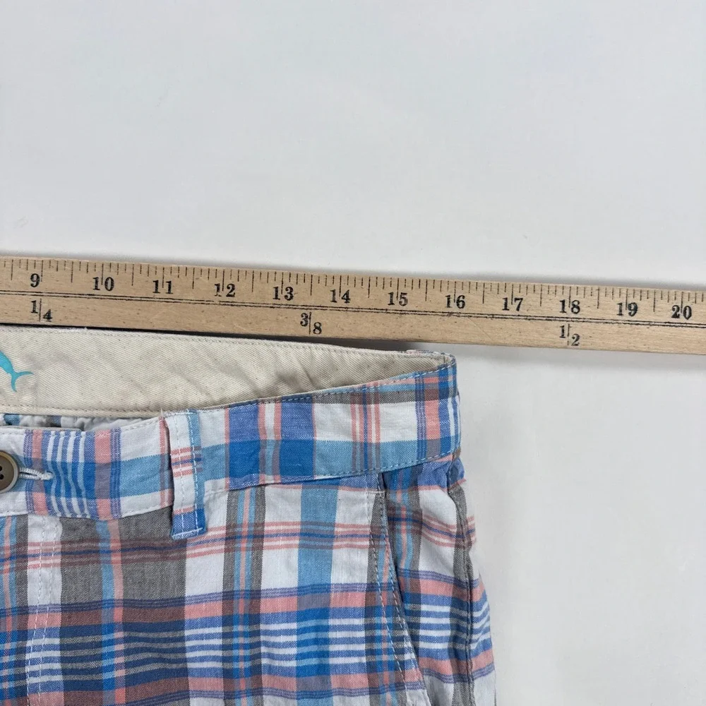 Tommy Bahama Mens Shorts 32 Blue Pink Plaid Linen Blend Flat Front Coastal